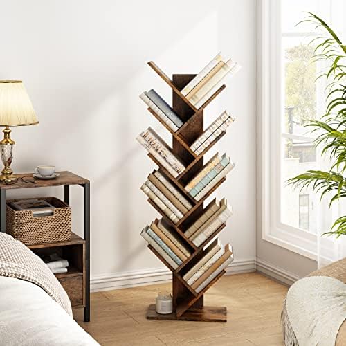 Hoctieon 10 Tier Tree Bookshelf, 10 Shelf Bookcase, Free Standing Tree Bookcase, Display Floor Standing Shelf for Books,