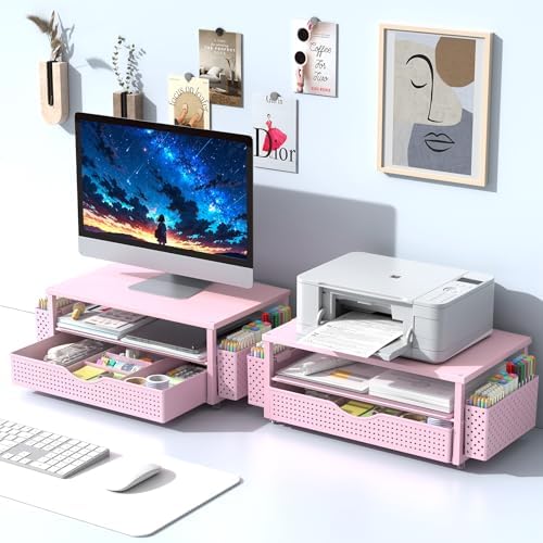 Spacrea Computer Monitor Stand with Drawer and 2 Pen Holders, Pink