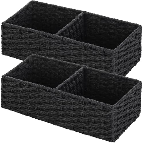 Vagusicc 2 Section Wicker Storage Basket, Black Wicker Baskets, Toilet Tank Basket, Small Baskets for Organizing Storage
