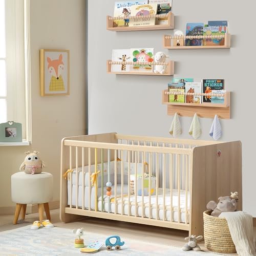 BOMID Wall Bookshelves,Set of 4 Natural Wood Floating Bookshelf,Nursery Shelves,Floating Book Shelves for Wall(Burlywood)