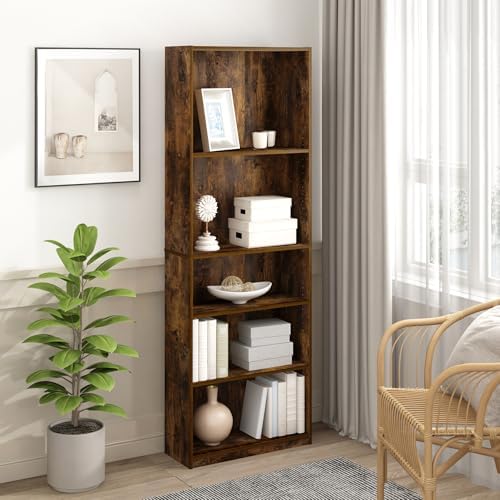 Furinno Jaya 5-Tier Book Shelf Set of 2, Adjustable Shelf, Amber Pine