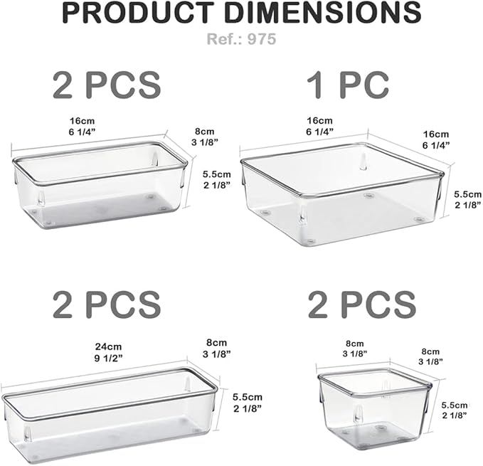 Acrimet 7 Pack Drawer Organizer Modular, Box Tray Storage Bins for Office, Home, Makeup, Kitchen, Junk Drawer (7 Units - 4 Sizes) (Clear Crystal Plastic) | Assorted Sizes for organizing drawers, countertops and cabinets