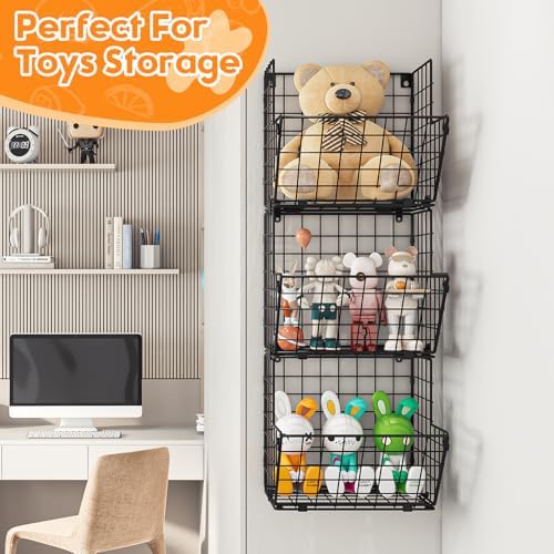 X-cosrack Metal Wire Basket Wall Mount, 3 Tier Wall Storage Organizer with 5 S Hooks, Kitchen Fruits and Vegetables Bin 