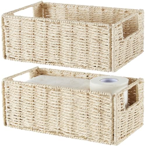 Vagusicc Wicker Storage Basket, Set of 2 Hand-Woven Paper Rope Wicker Basket, Small Storage Baskets for Organizing Toile