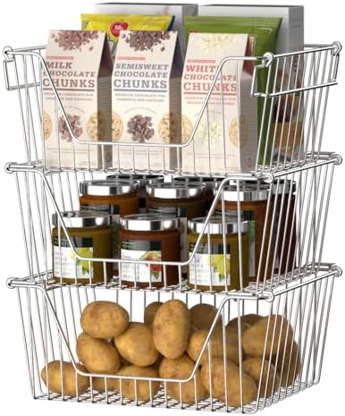Slideep Large Stackable Storage Baskets Cabinet Organizer Sturdy Metal Wire Pantry Freezer Bin for Pantry Home Bathroom 