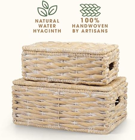 Set of 2 White Wicker Baskets with Lid