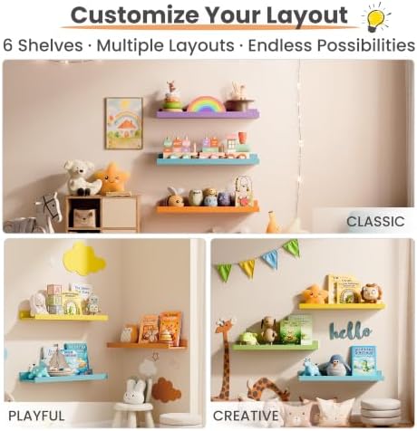 upsimples Floating Shelves for Wall Decor Storage, Multicolor, 6Pcs, 15.7''