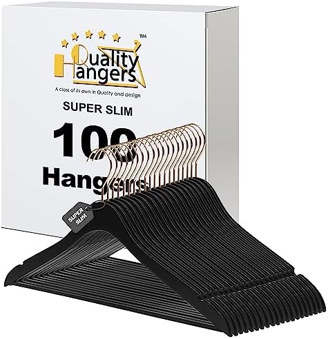 Luxury 16.5" Ultra Thin Space Saving Wooden Hangers, 100-Pack 360 Degree Swivel Hook, Best for Shirts, Blouses, Pants, Suits, Coats, Dresses (Black, with Pant Bar, 100)