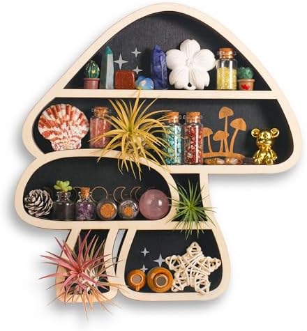 Cute Mushroom Decor, Wooden Mushroom Wall Shelf Crystal Display Shelves