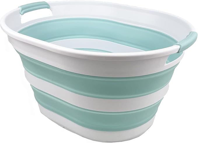 SAMMART 23L (6 Gallons) Collapsible Plastic Laundry Basket - Oval Tub/Basket - Foldable Storage Container/Organizer - Portable Washing Tub - Space Saving Laundry Hamper (White/Lake Green)