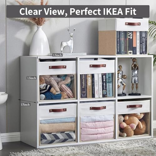 Bagnizer Storage Cubes, 4 Pack Linen Foldable Storage Bins with Clear Window and 2 Handles, 13x15x13 Storage Cube Bins for Shelf Closet, Kallax, Clothes, Books - (Beige / Off-White)