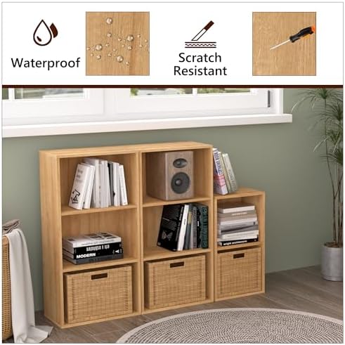Wooden 5 Cube Storage Organizer, Oak 5 Tier Bookcase Bookshelf Freestanding Storage Display Organizer, Versatile Cubes O