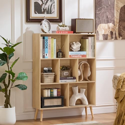 LEYAOYAO Cube Bookshelf, Mid-Century Modern Book Shelf with Legs,Light Wood