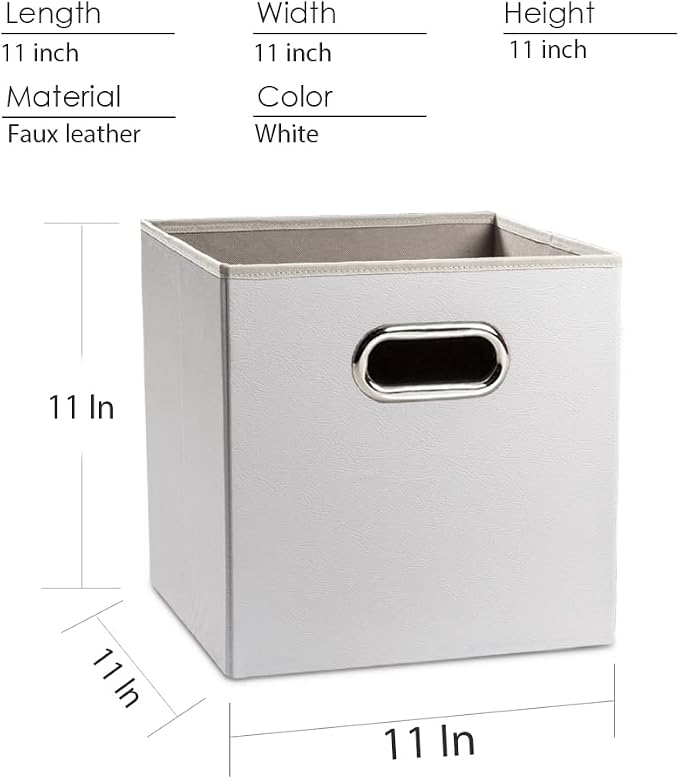 PRANDOM Leather Foldable Cube Storage Bins 11x11 inch [4-Pack] Fabric Storage Baskets Cubes Drawer with Cotton Handles Organizer for Shelves Nursery Closet Bedroom Clothes White