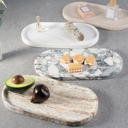 Koville 12"x6" Elegant White Marble Bathroom Tray, Natural Marble Vanity Trays for Home Decor, Stone Perfume Organizer J