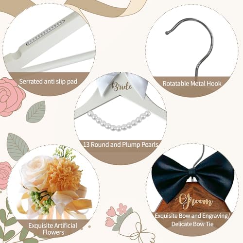 2 Pack Wedding Hangers Gifts Accessories, Groom Bride Hanger for Wedding Dress or Suit, Bridal Hanger with Bow Tie & Exq