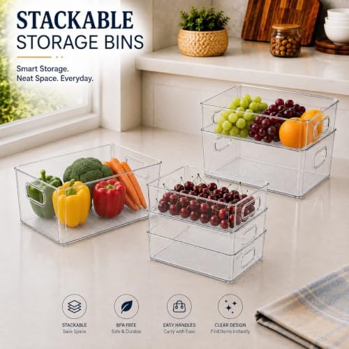 Set of 5 Stackable Fridge Organizers and Storage Bins, 2 Small, 2 Medium & 1 Large Clear Plastic Pantry Organizer Bins w