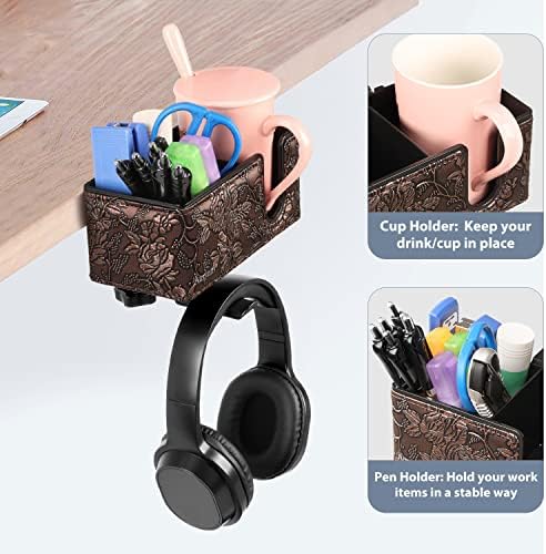 Under Desk Cup Holder Clamp on Cup Holder PU Leather Clip on Desk Organizer