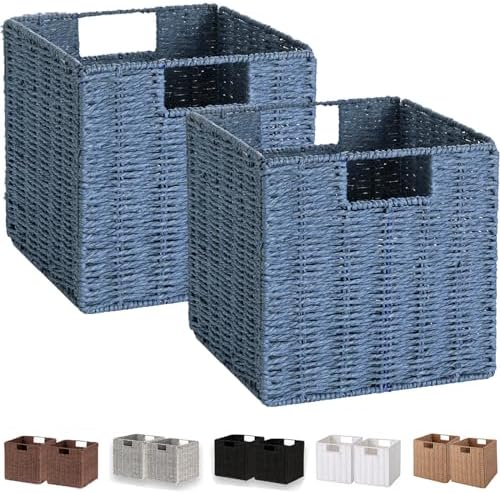 Vagusicc Wicker Storage Basket, Set of 2 Hand-Woven Storage Baskets for Shelves with Handles, Foldable Cube Storage Bask