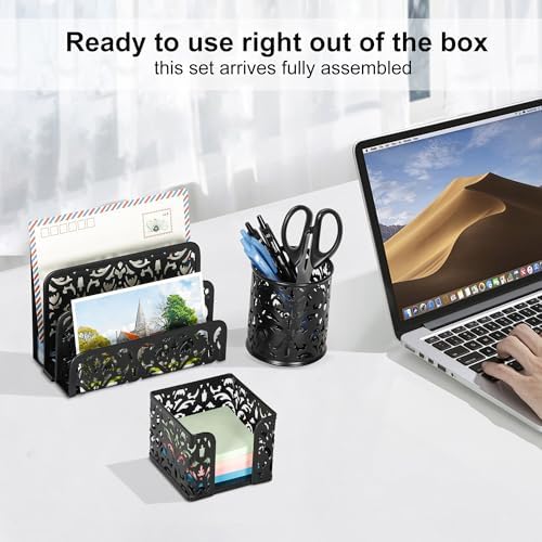 EasyPAG Desk Organizers and Accessories 3 Pieces Office Organizer Set - Pen Holder for Desk, Mail Sorter Countertop and Sticky Note Holder, Black