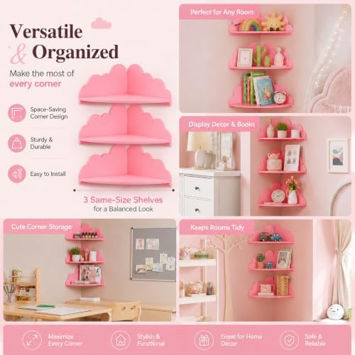 Cloud Corner Floating Shelves, Set of 3 Wall Mounted Shelves, Pink