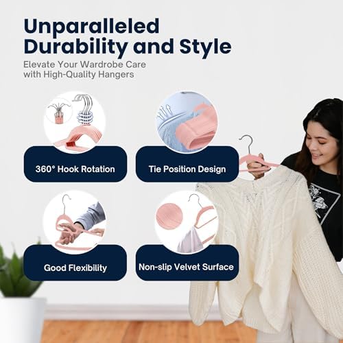 50 Pack Velvet Hangers | Non Slip Velvet Hangers for Clothes with Tie Organisers | Space Saving Hangers and 360° Swivel Hooks Wardrobe Storage Organiser