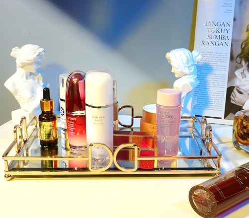 Gold Mirror Vanity Tray for Perfume, 11.7x7.9 Non-Slip Glass Dresser Tray, Elegant Decorative Organizer for Bathroom Cou