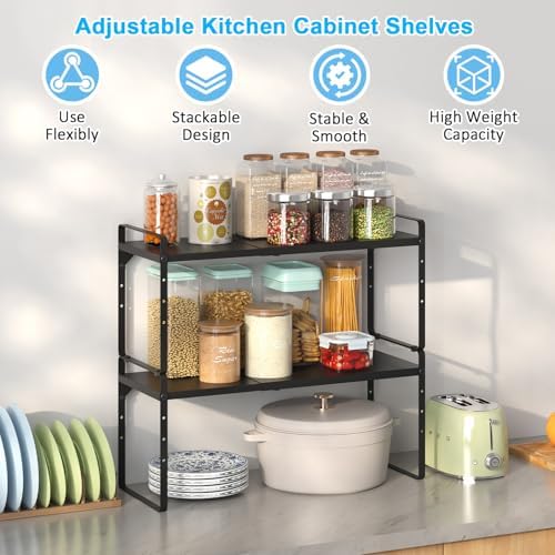 Set of 2 Expandable Cabinet Shelf Organizer, Stackable Kitchen Countertop Shelves Spice Racks, Small Metal Storage Shelf