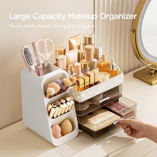HBlife Makeup Organizer with Brush Holder for Vanity, Large Plastic Bathroom Countertop Organizer Skin Care Storage, Eas