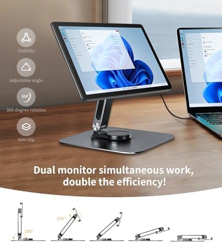 13-17.3" Monitor Stand with 360° Swivel Base, 75mm VESA Single-Arm Mount w/ M4 Screws for Portable Monitor, Adjustable A