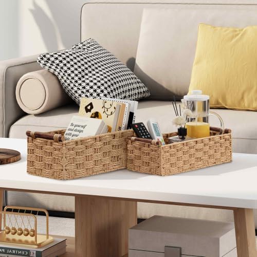 Vagusicc Wicker Storage Basket, Set of 2 Hand-Woven Paper Rope Wicker Basket for Organizing with Handle Decorative Stora