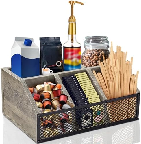 Yalikop Gray Wooden Coffee Bar Organizer, No Assembly, Rustic