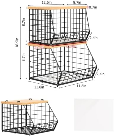 2 Set Stackable Wire Basket with Wooden Tops & Pad for kitchen organizers and storage, XXL Kitchen Counter Organizer for