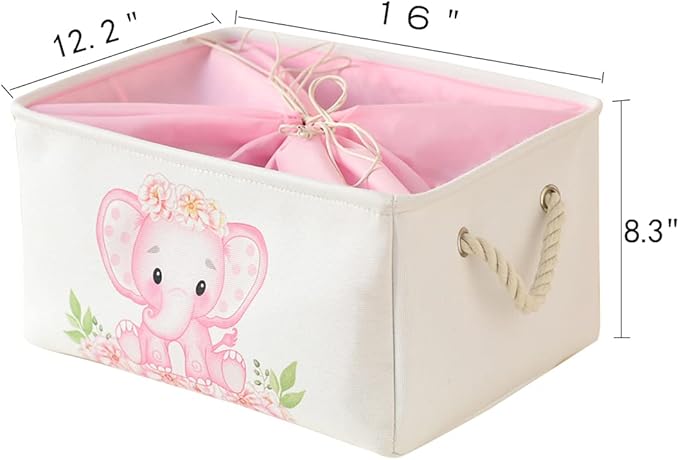 Large Nursery Elephant Baby Basket for Shower Gift - Pink Girl Gift Bag, Collapsible and Empty - Decor for Kidsroom, Nursery, Play Room (Large)