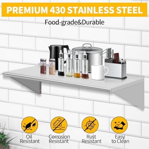 18" D x 48" W Stainless Steel Wall Mounted Shelves, Floating Shelving with Brackets, Commercial Shelf Perfect for Restau