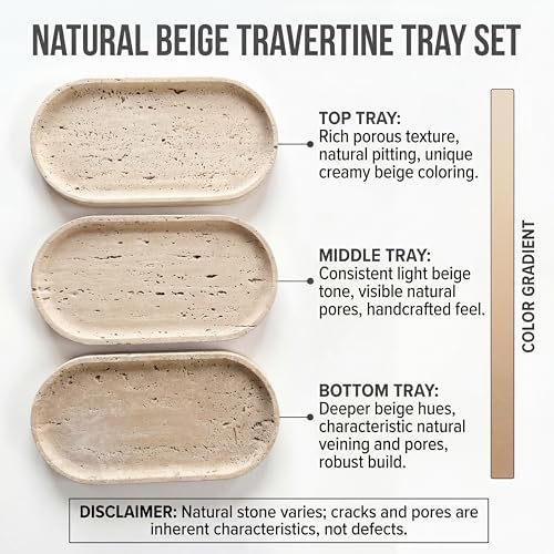 YKAJO Natural Travertine Beige Oval Marble Tray, 11.8x5.9 Vanity Organizer