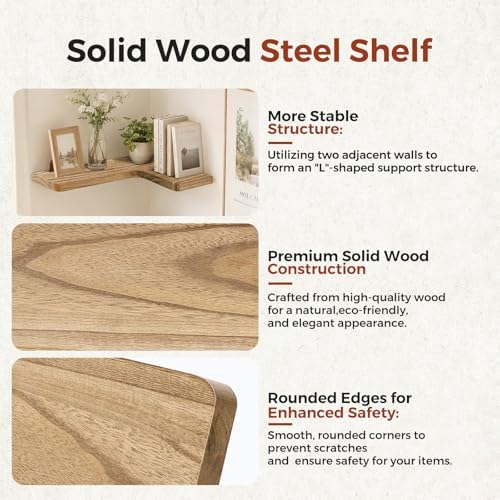 Solid Wood Corner Floating Shelves, L-Shaped, Oak, Set of 3