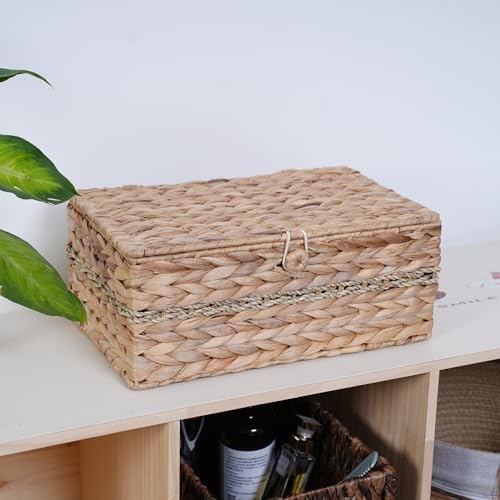 Wicker Basket with Lid,Woven Hyacinth Storage for Home Organizer
