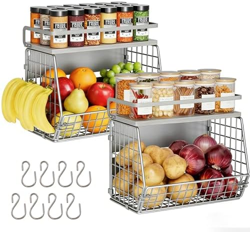 Fruit Basket 2 IN 1 Magnetic & Hanging Wall Produce Basket for Potato Onion Fruit and Vegetable Storage,Magnetic Spice R