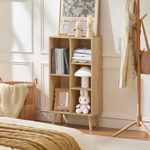 LEYAOYAO 5 Cube Bookshelf,Mid-Century Modern Bookcase with Legs,Light Wood