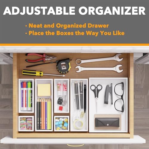 SpaceAid 7-Piece Bamboo Drawer Organizer Storage Boxes Set, Wood Tray Junk Drawer Organizers Multi-Use Divider Bins for Kitchen, Bathroom, Office Desk and Makeup Organization (7 Pack, White)