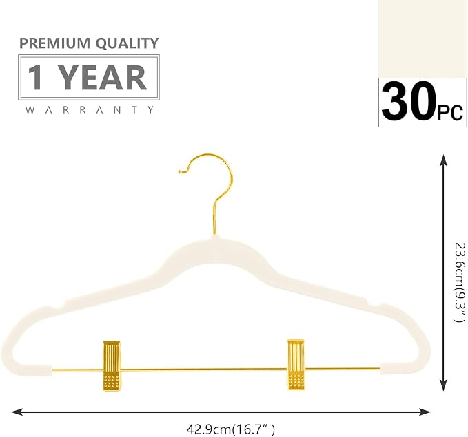 MIZGI Premium Velvet Pants Hangers with Adjustable Clips (Pack of 30) Slim Skirt Hangers- Non Slip Felt Outfit Dress Hangers Ivory - Gold Hooks,Space Saving Shirt Clothes Hangers