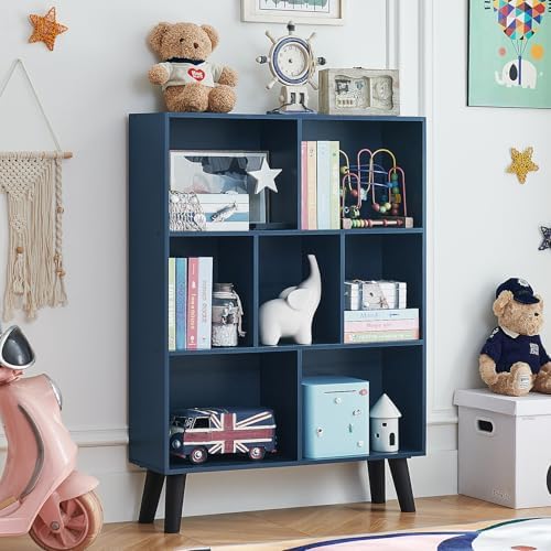 LEYAOYAO Cube Bookshelf, Mid-Century Modern Book Shelf with Legs, Dark Blue