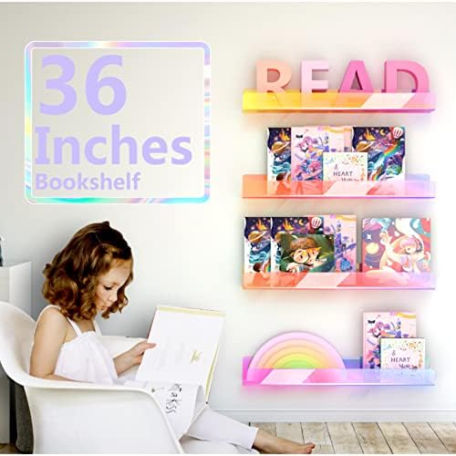 2 Pack RORKIM 36 Inch Iridescent Acrylic Floating Shelf, Kids Bookshelf