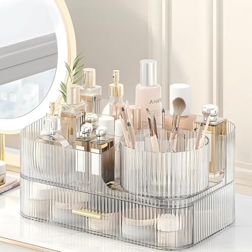 DASITON Makeup Organizer with Drawers and Rotating Makeup Brush Holder,Large Capacity Stackable Cosmetic Organizer Count