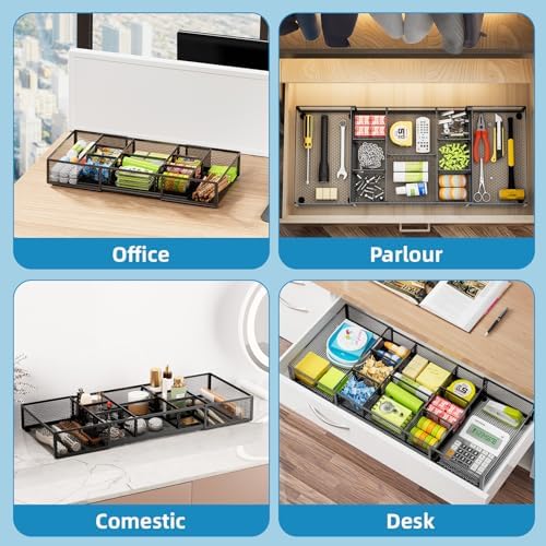 Marbrasse Expandable Desk Drawer Organizer, Mesh Drawer Organizer Tray with 10 Adjustable Compartments, Desk Organizers and Accessories for Office Supplies (Longer Expandable Drawer Organizer-B)