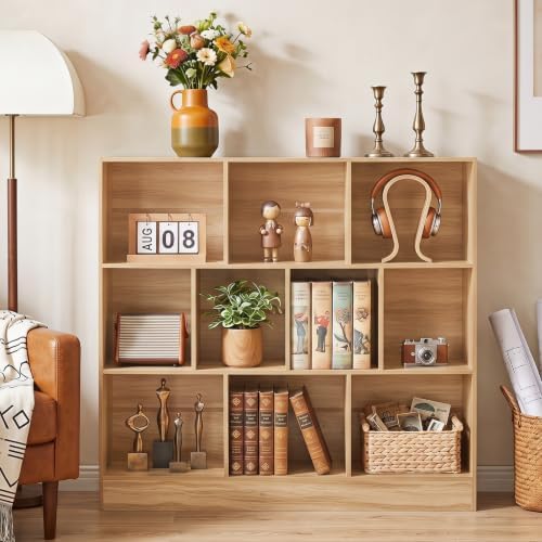 YAHARBO 3 Tier 10 Cube Long Horizontal Bookshelf,Under Window Shelf,Natural