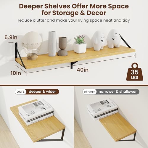 Axeman Deep Floating Shelves, 40'' x 10'' Oak Wall Shelves Set of 2