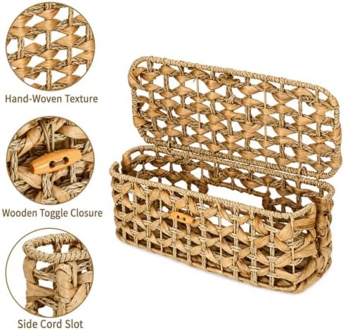 Handwoven Cable Management Box with Lid, Decorative Cord Organizer Basket for Power Strip, Charger, Router and USB Hub, 