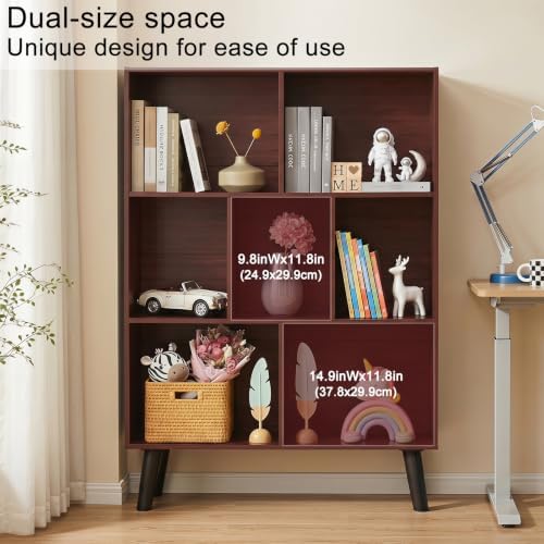YAHARBO Walnut Bookshelf,3 Tier Book Shelf with Legs, 7 Cube Minimalist Bookcase,Storage Organizer Shelves Display Bookc